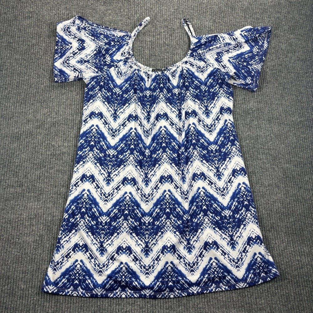 Venus Cold Shoulder‎ Dress Womens Large Blue White Chevron Zig Zag Boho Summer